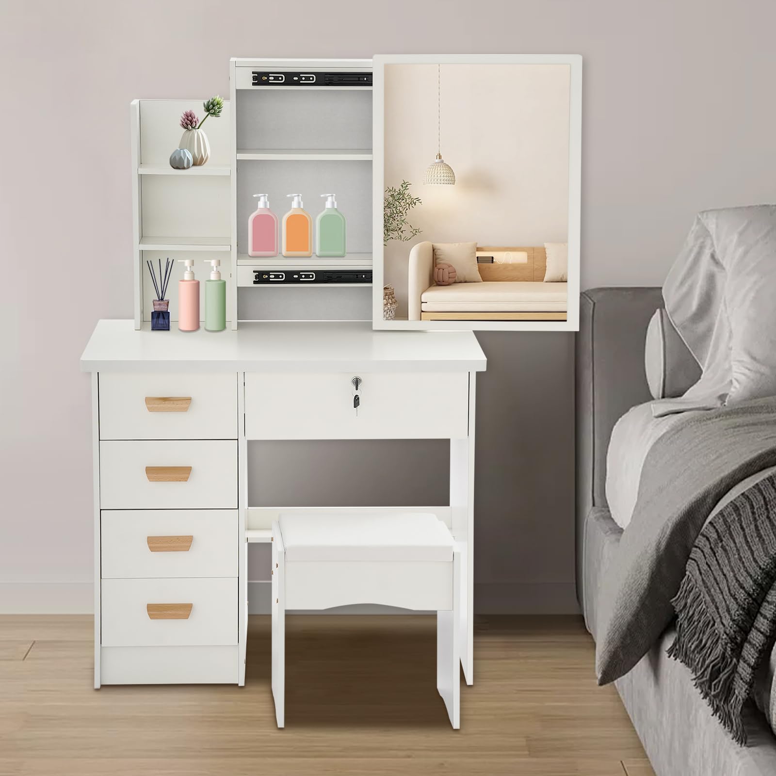 Tocador con espejo, tocador independiente, 80 × 35 × 128 cm, mesa cosmética con silla, 5 cajones y 3 estantes ocultos, con cerradura, juego de vanidad para dormitorio (blanco)