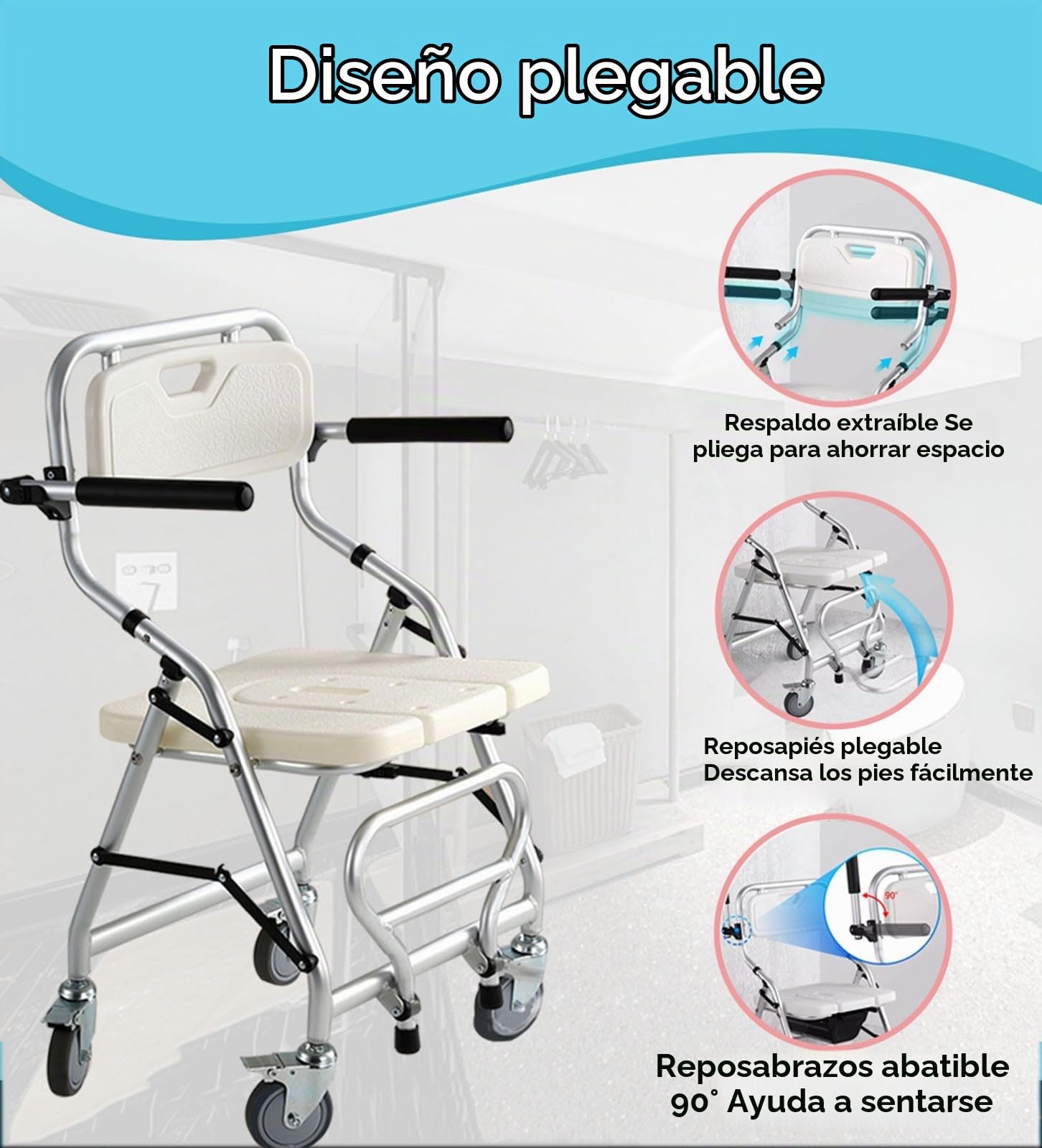 Silla de Ducha con Ruedas, Taburete de Ducha Plegable con Frenos y Respaldo Desmontable, Silla de Baño para Personas Mayores Discapacitados y Mujeres Embarazadas, Carga Máxima 120kg(Size:shower chai