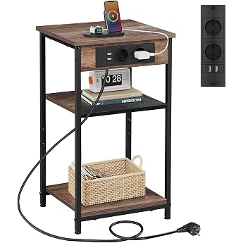 WLIVE 3 Tier Side Table with Socket Slim Bedside Table with Storage Area Easy Assembly Small Sofa Table for Living Room Bedroom Brown