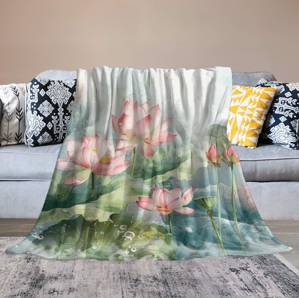 Couverture micro polaire fleurs dans l'eau 50cm | Plaid flanelle doux toutes saisons pour lit et canapé