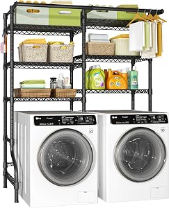 Ulif U13 Washing Machine Dryer Storage Shelf, 6 Tier Space for Laundry Room with 2 Hanger Rods, Space Saving Clothes Drying Rack, 63"