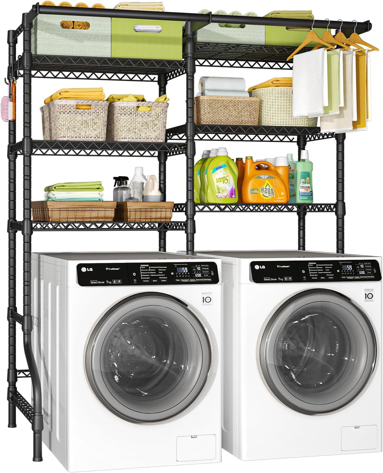- U13 Over Washer and Dryer Storage Shelves, 6 Tiers Laundry Room Standing Shelf with 2 Hanger Rods, Space Saver Clothes Drying Rack, 63.4" W x 22" D x 77.4" H, Black