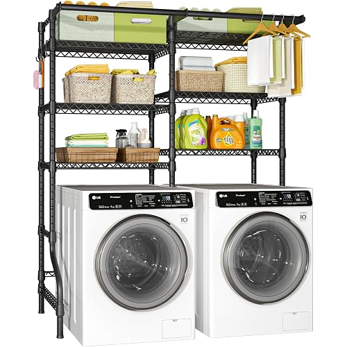 U13 Over Washer and Dryer Storage Shelves, Laundry Room Standing Shelf | 6 Tiers Laundry Storage Organizer Space Saver Clothes Drying Rack with 2 Hanger Rods, Black