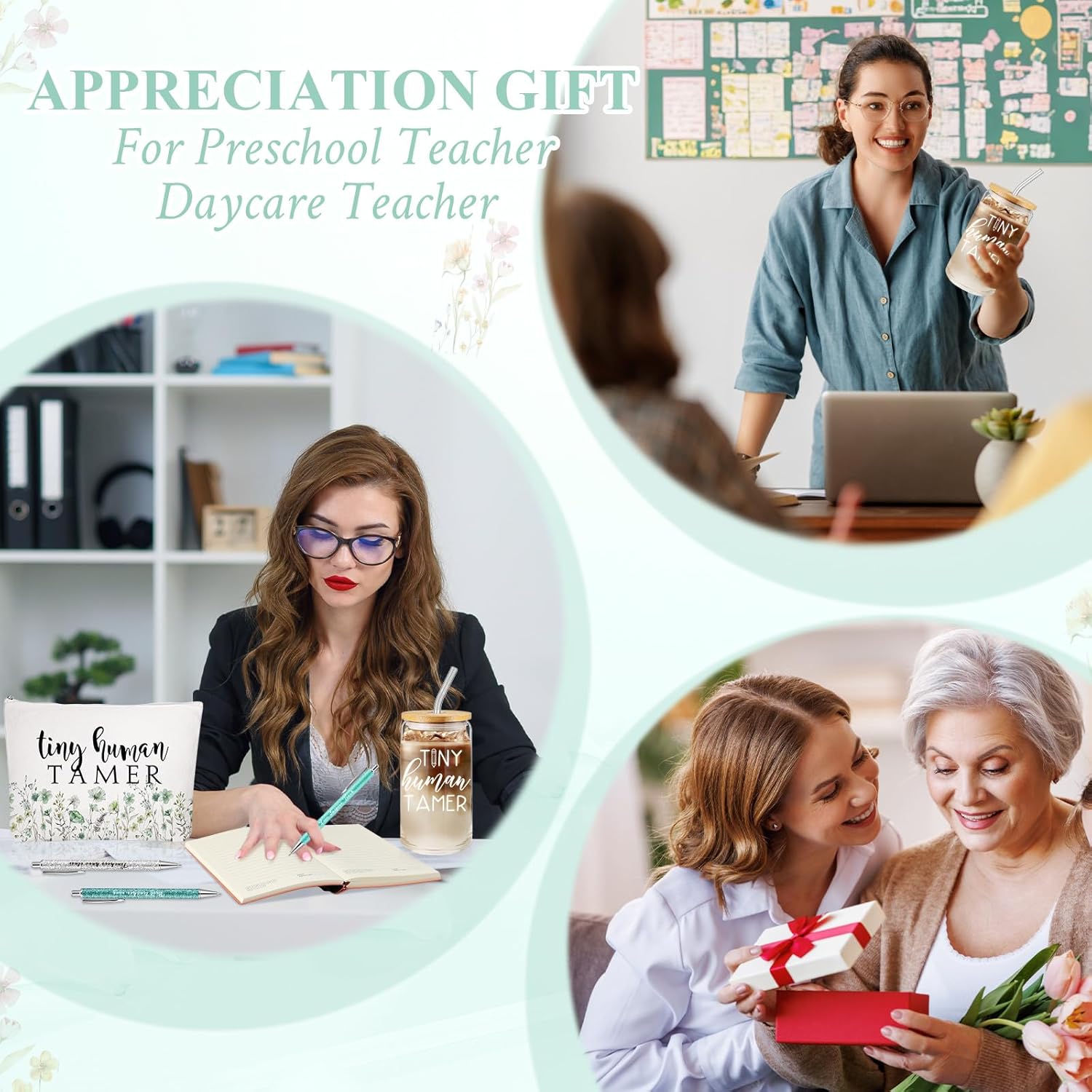 Domensi 6 Pcs Tiny Humans Tamer Teacher Appreciation Week Gift Thank You Gift for Teachers Preschool Daycare Kindergarten 16oz Glass Jar Cup with Straw Leather Journal Ballpoint Pen Makeup Bag(Green) - Image 5