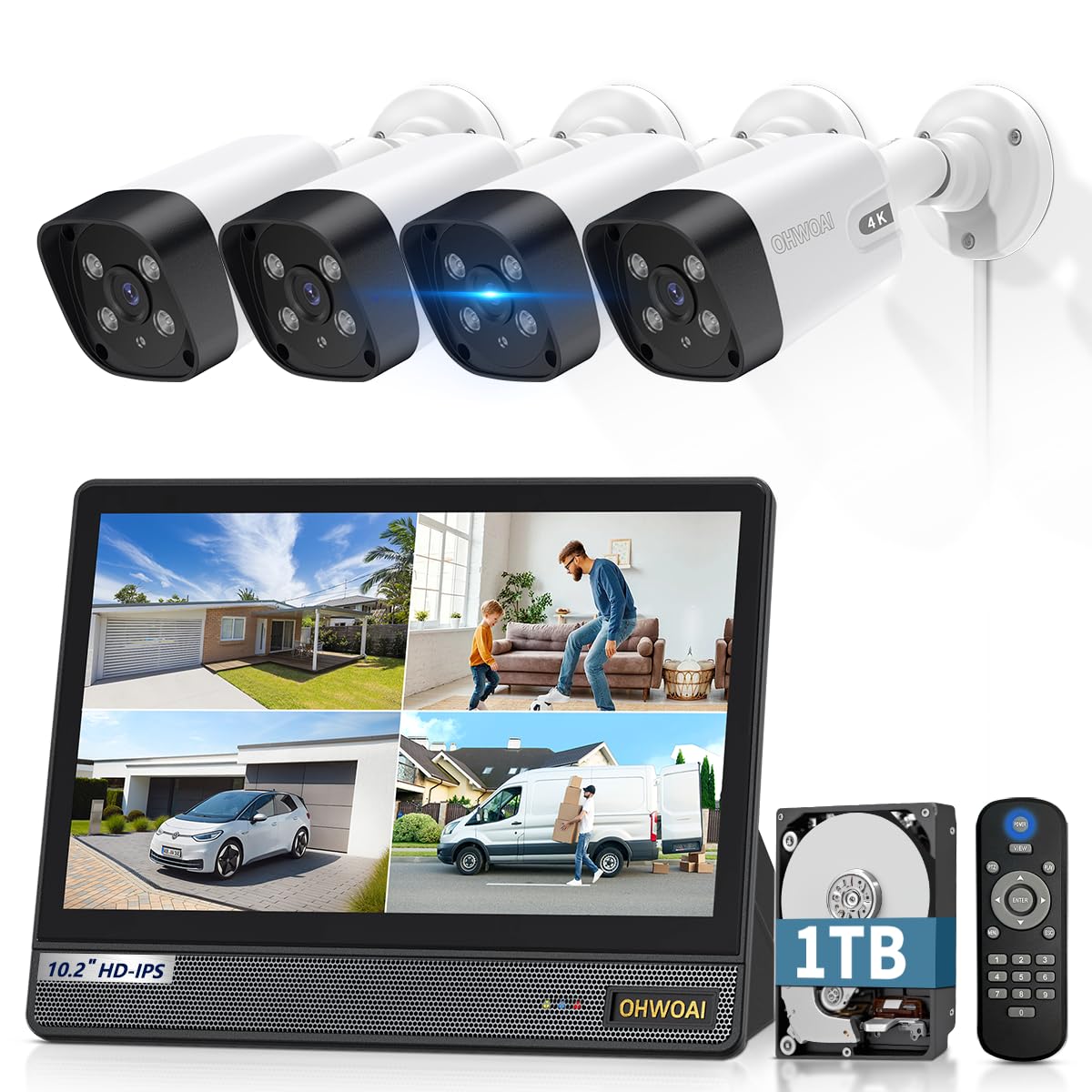Monitor 4K Ultra HD y todo en uno: sistema de cámara de seguridad para exteriores con cable, cámaras POE para seguridad del hogar, sistemas de videovigilancia NVR con detección de movimiento