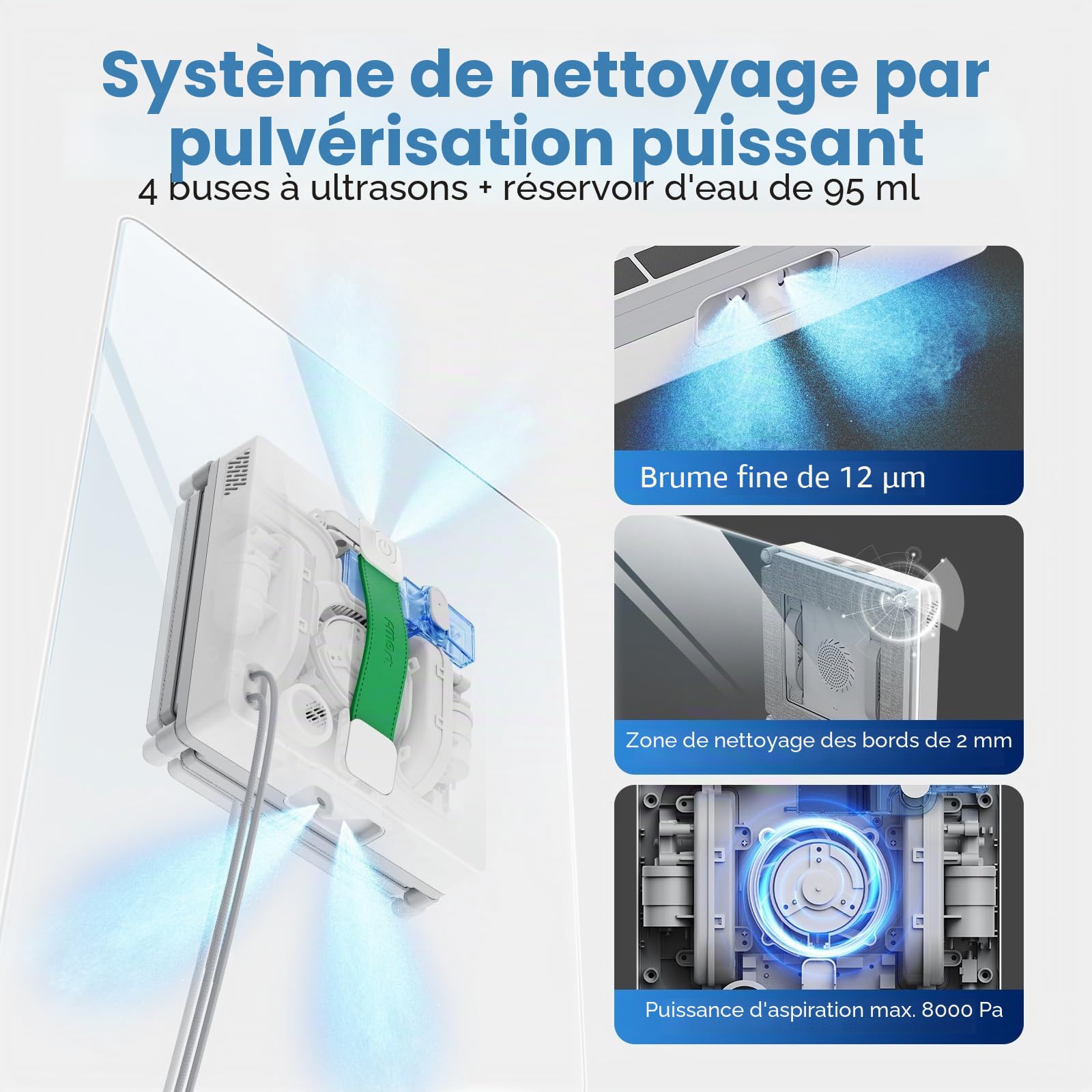 Fmart Robot nettoyeur de fenêtres W8 avec fonction pulvérisation, puissance d'aspiration 8000 Pa et technologie de détection des bords, robot de nettoyage automatique pour vitres avec 4 modes de