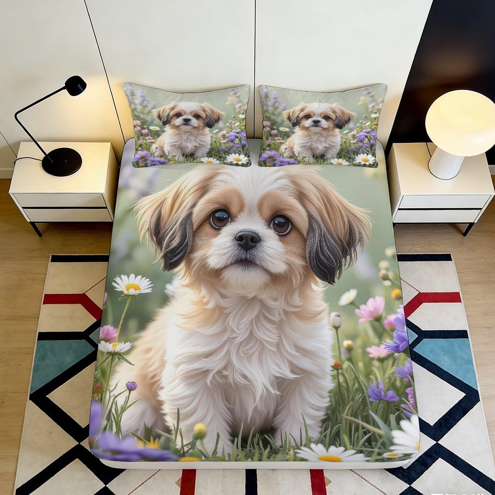 3D Printed Puppy Floral Fitted Sheet Microfiber Soft Breathable Dog Meadow Bed Cover for Bedroom Guest Room Decor 90x200x25cm