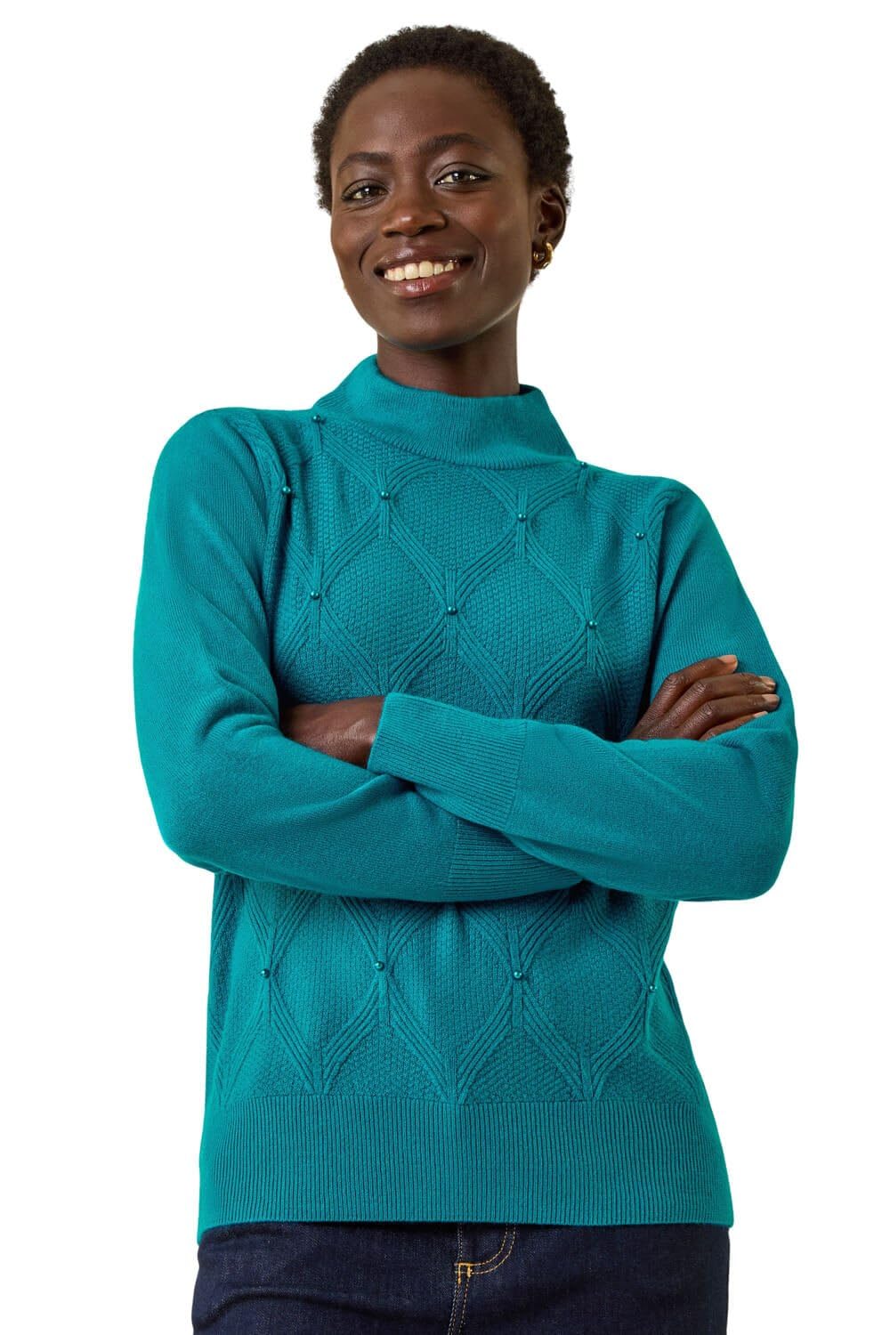 Roman Originals Women's Teal Cable Knit Pearl Jumper For Uk - Everyday Autumn Winter High Neckline Comfy Soft Evening Vacation Work Party Night Out - Size 14