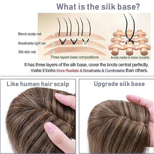 Miniatura 5 de SEGO Cubrecabello con clip para mujer, sin flequillo, parte superior de cabello humano Remy, base de seda, para pérdida de cabello, cubierta de