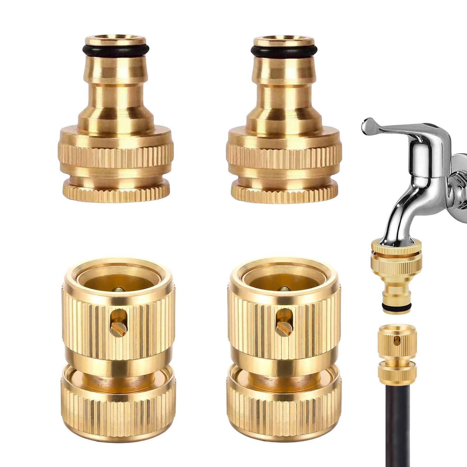 4 Pcs Brass Hose Tap Connectors, 3/4 and 1/2 Inch Quick Fittings Set