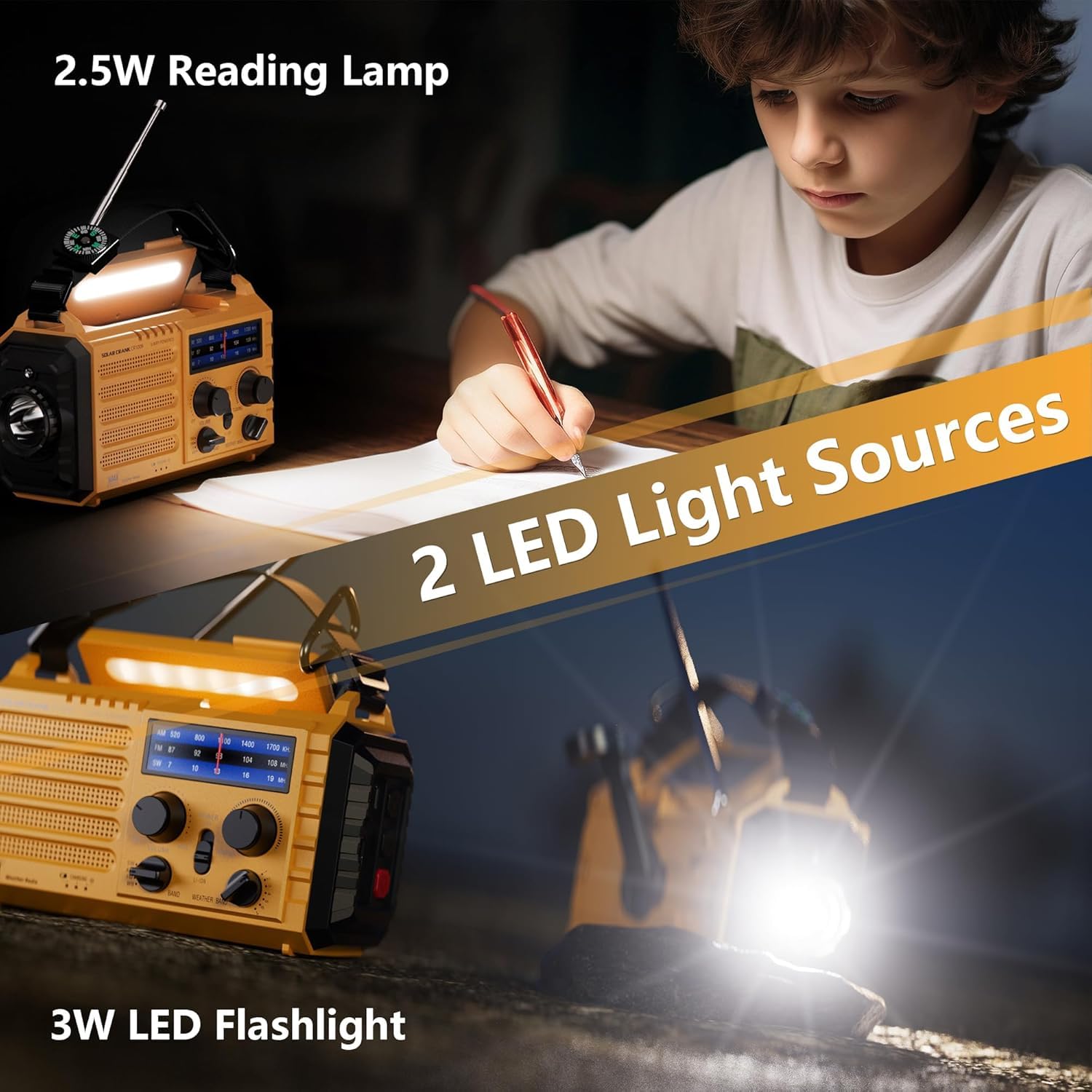 5000mAh Solar Radio, Portable Emergency Radio with Crank,Dynamo Weather Am/FM Radio, USB Phone Charger, LED Flashlight and Reading Light, SOS Alarm, Compass for Outdoor Camping — view 4