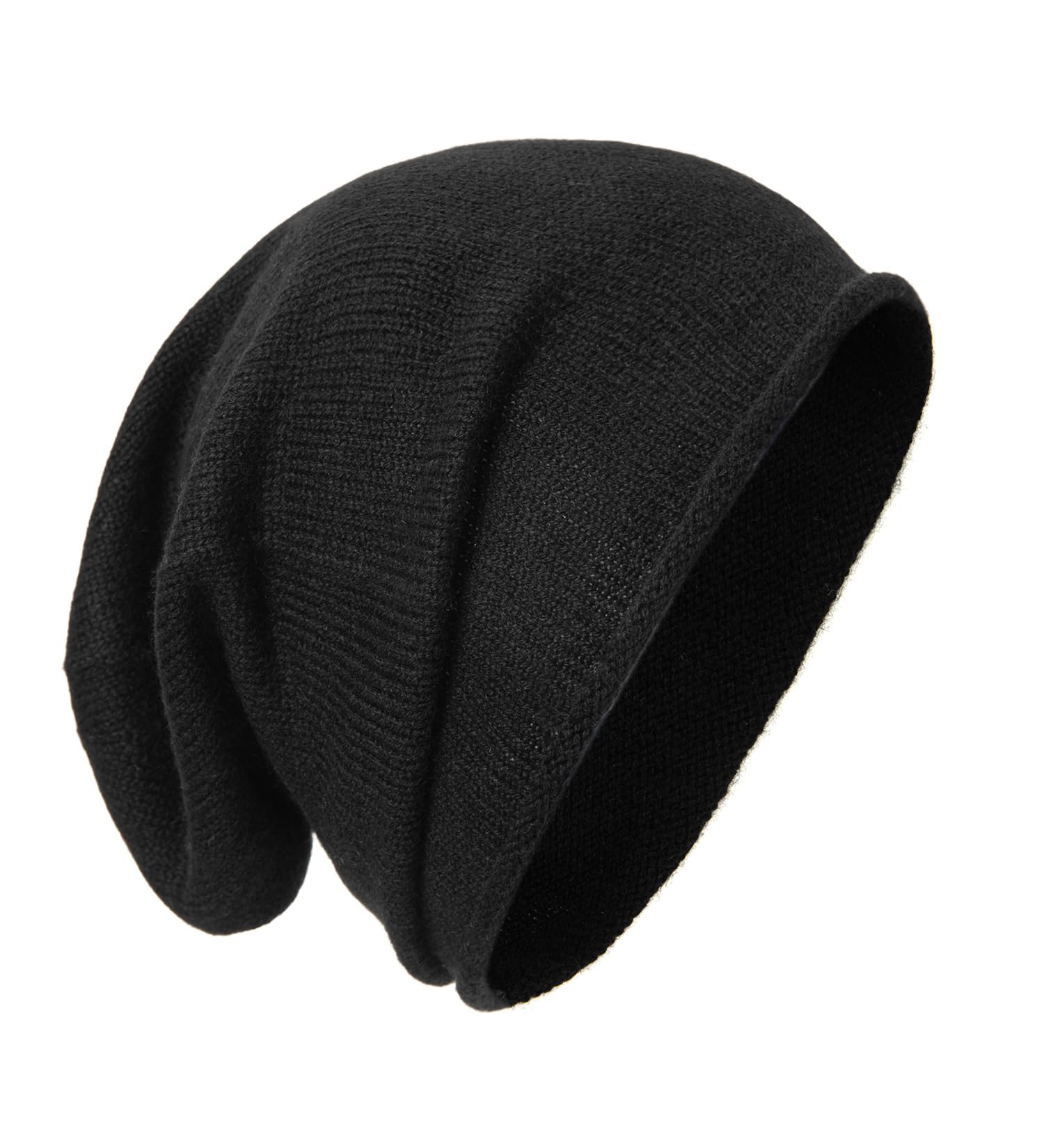 tonten Cashmere Wool Slouchy Beanie for Women and Men, Knitted Winter Ski Cap (Black)