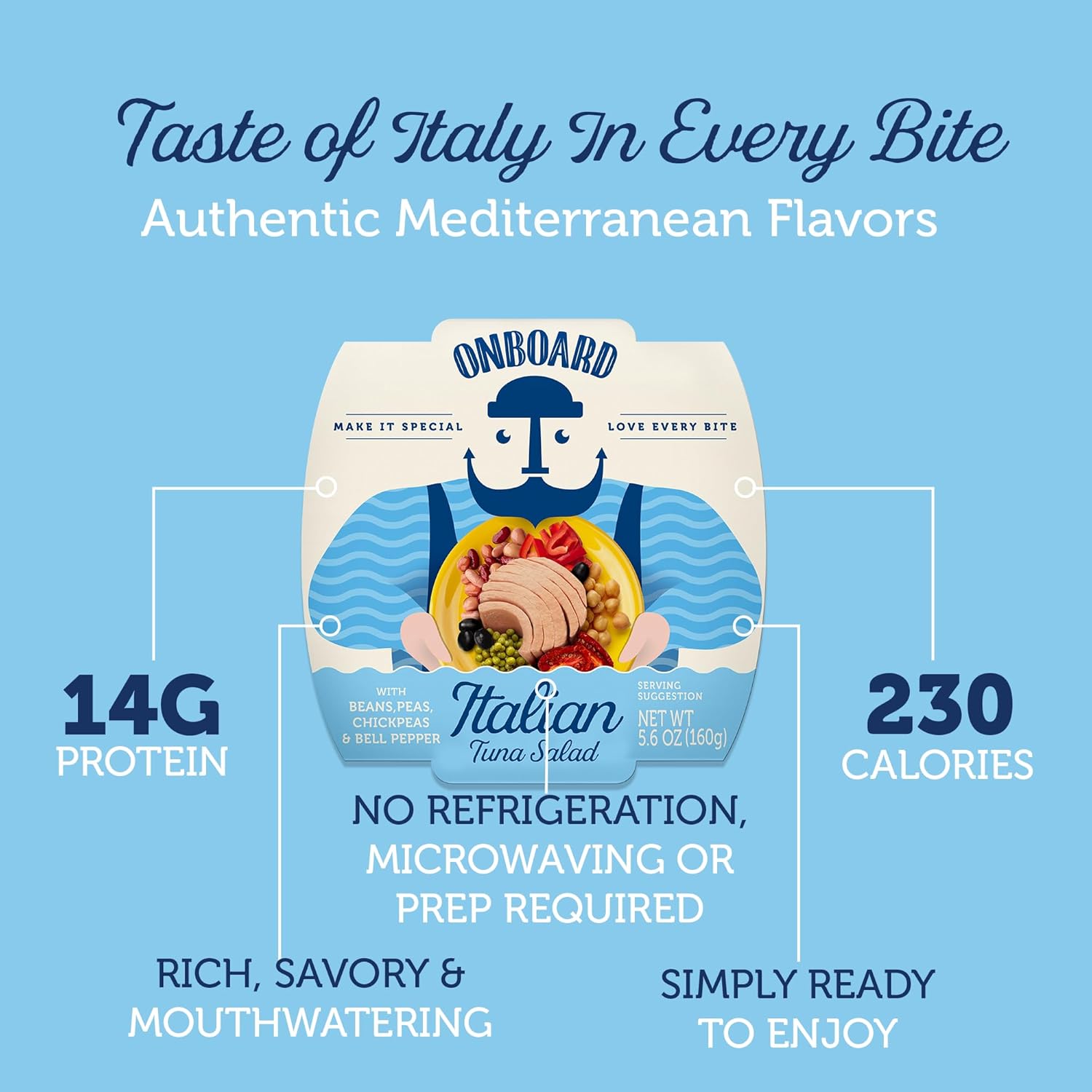 Onboard Ready to Eat Italian Tuna Salad - Tuna Snacks with Beans, Chickpeas, Peas & Peppers - High-Protein Mediterranean Salad (5.64 oz, Pack of 6)