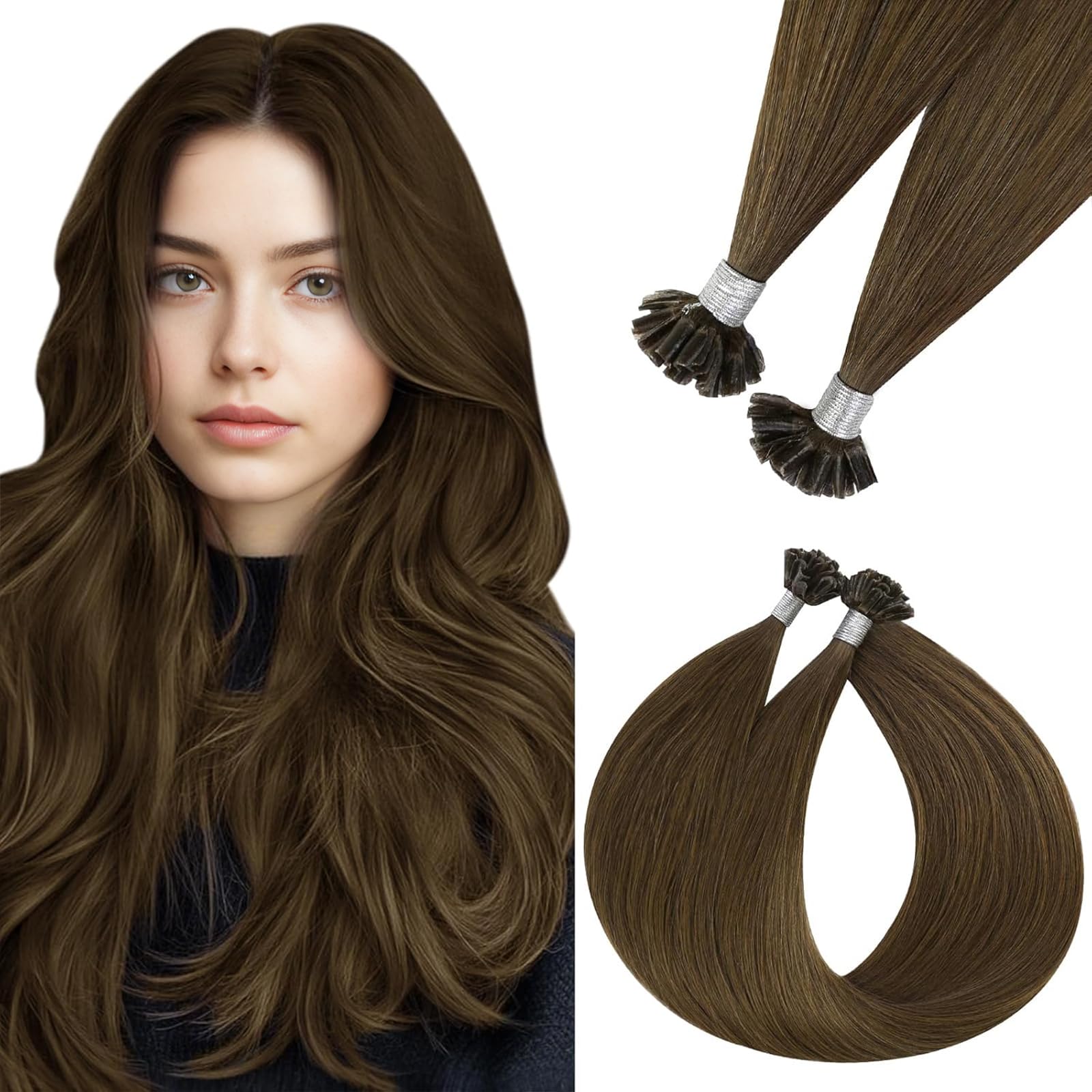 Easyouth Echthaar Bonding Extensions Mittelbraun Extensions Echthaar Bondings Braun Extension Bondings Remy Menschenhaar Glätten #4 45cm 50g 50s 1g/s