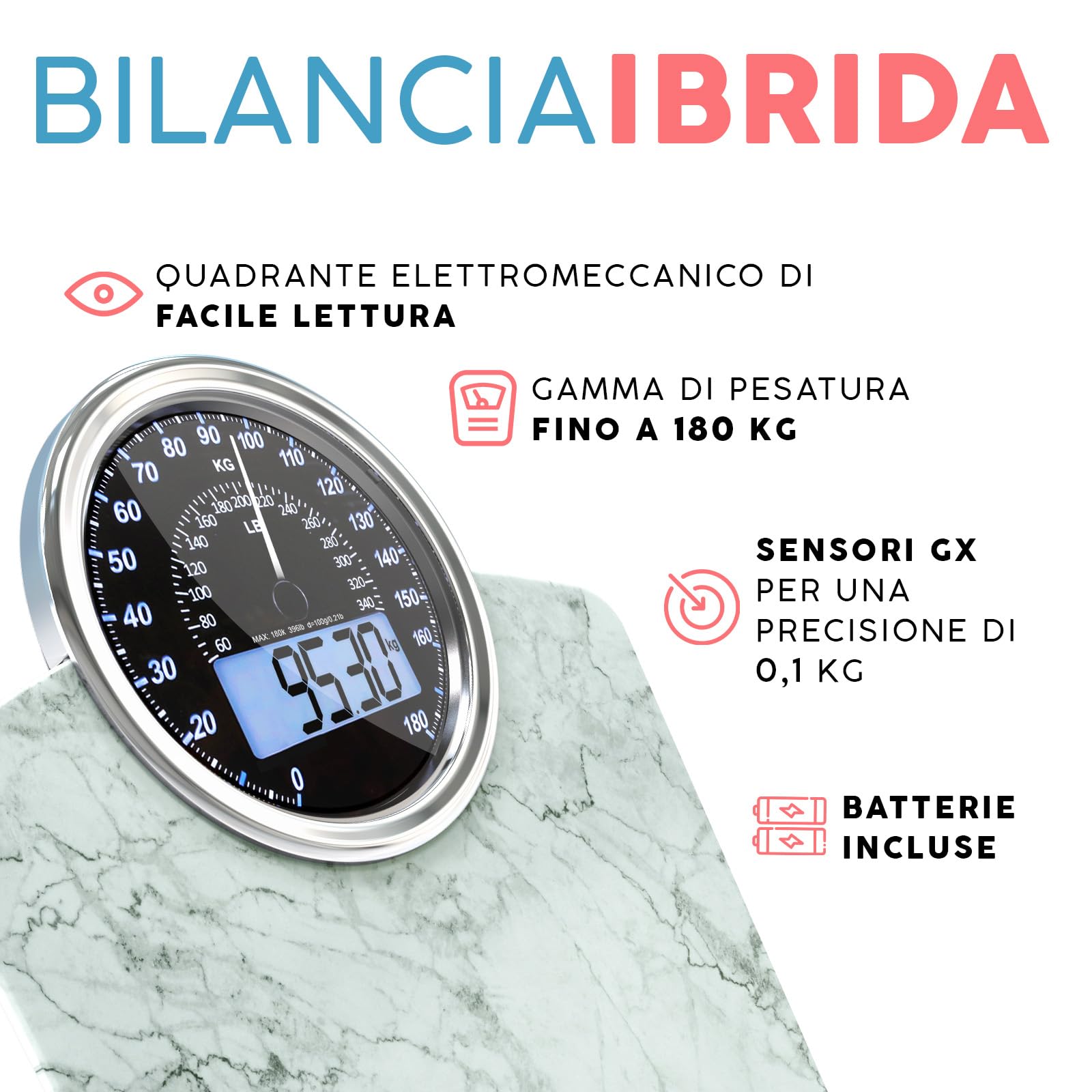 Hybrid Bilancia Pesapersone - Analogica & Digitale, Precisa fino a 180 kg | Leggete il peso su quadrante analogico e LCD insieme. Piattaforma larga, 3 batterie AAA incluse, pronta all'uso.