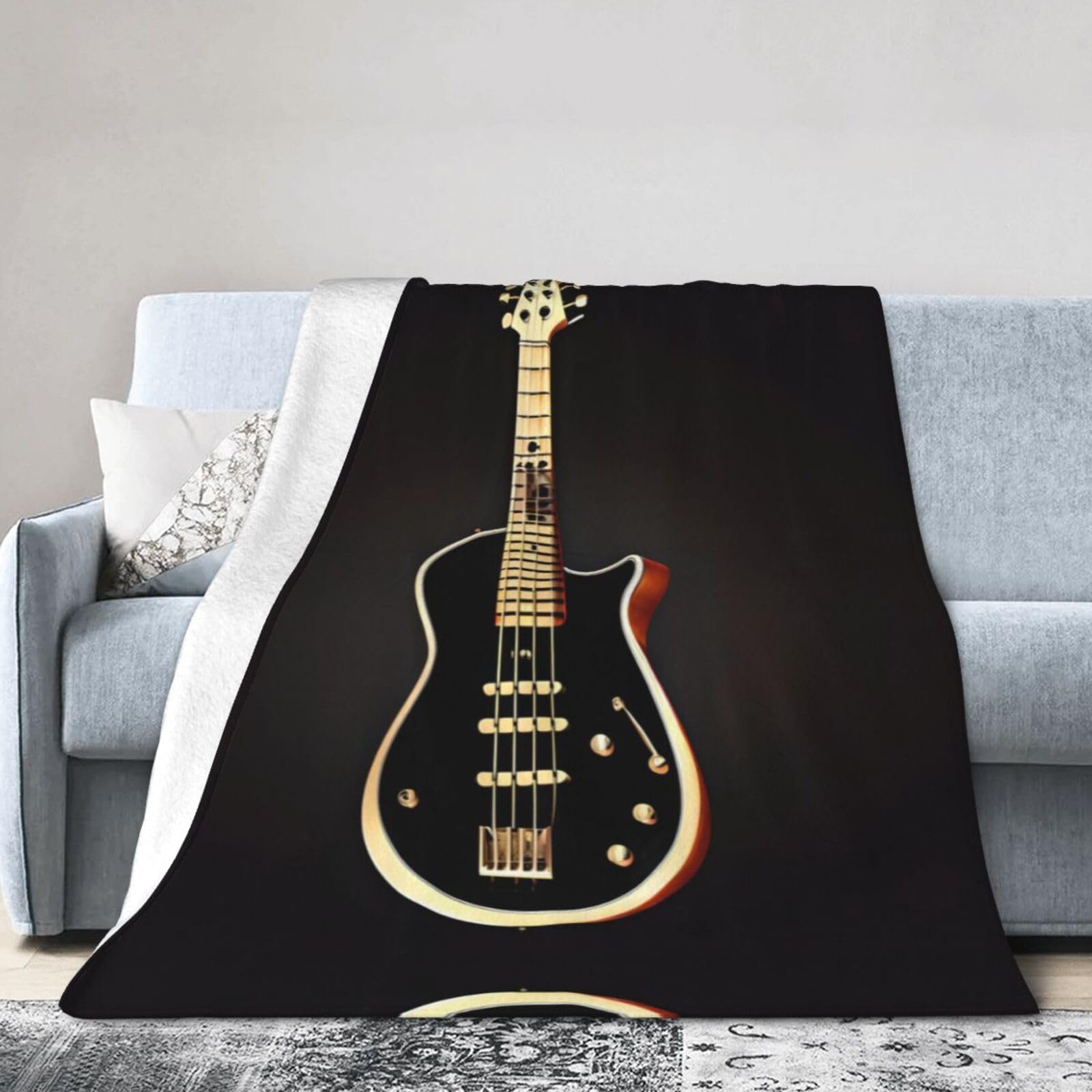 Black Guitar 60"x50" Fleece Blanket, Full Size, Super Soft, Suitable for Bed, Sofa, Camping, All Seasons