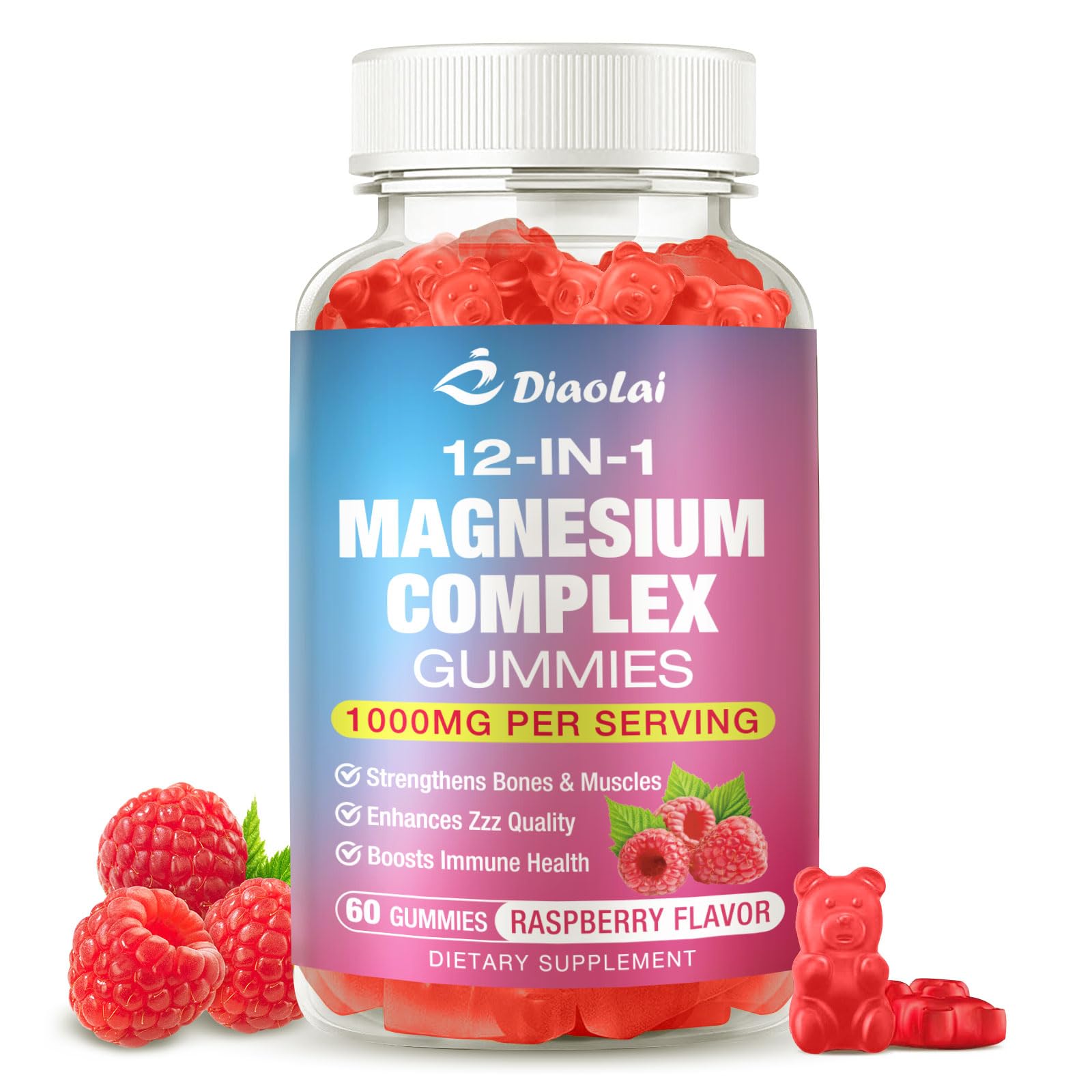 Magnesium Complex Gummies with Citrate, Glycinate, Malate, Oxide – Plus Vitamin D3, B6, C, Ashwagandha & CoQ10 – Raspberry Flavor, 60 Count for Women & Men