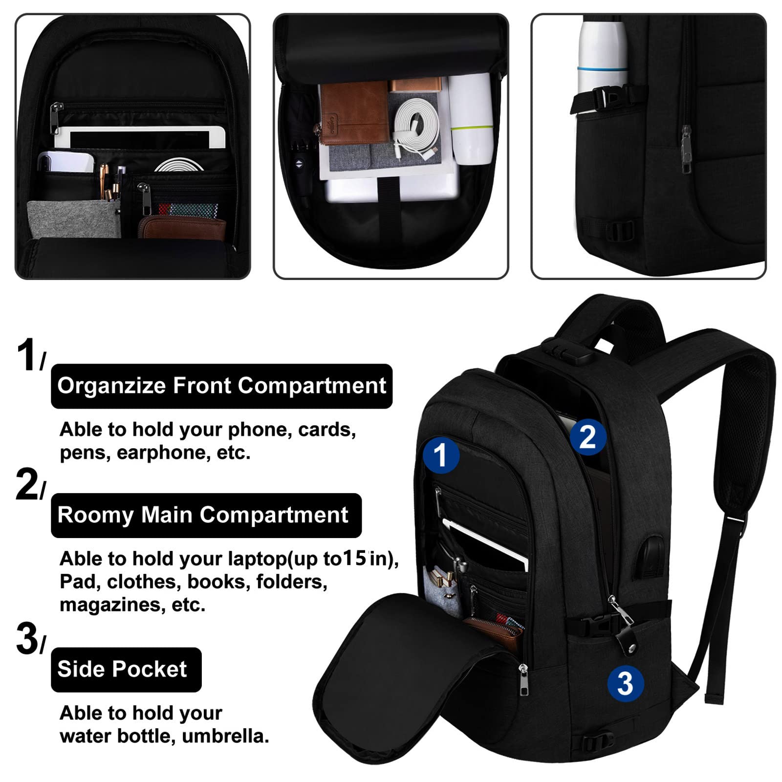 AMBOR Mochila para ordenador portátil, mochila de viaje impermeable de 17,3 pulgadas con puerto de carga, antirrobo mochila de negocios funcional portátil para ocio