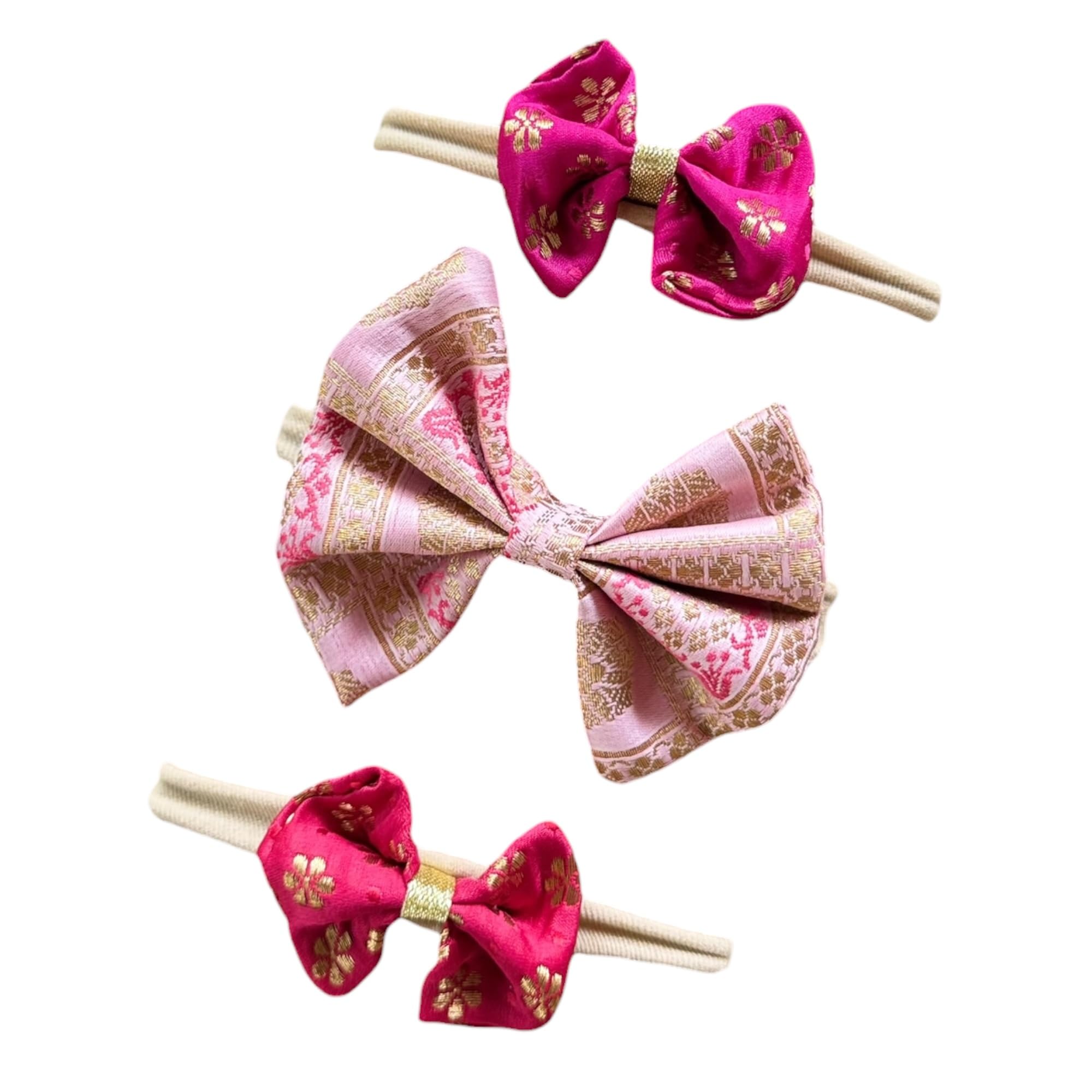 Picksparrow Baby Girl Silk and Cotton Bow Headband, Soft Stretchy Nylon Band, Gold Brocade Accents, Set of 3 (Baby Pink-Red-Rani Pink)-image-7