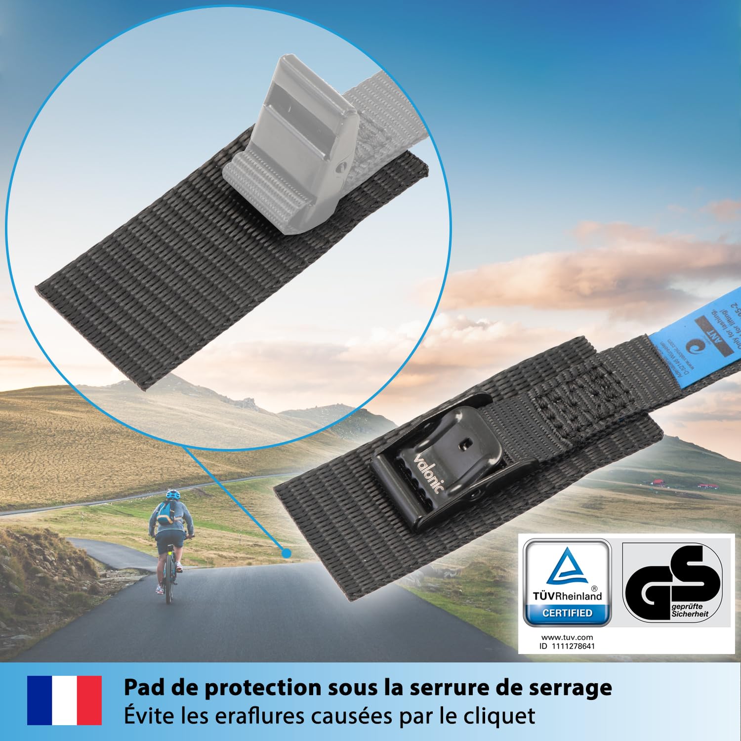 Valonic Dolphin - Lot De 2 Sangles D'Arrimage 3,5m Avec Pince Rembourrée, 25mm 500kg, Certifié TÜV Rheinland GS EN-12195-2 - Pour Planche SUP, Kayak, Vélo - Noir