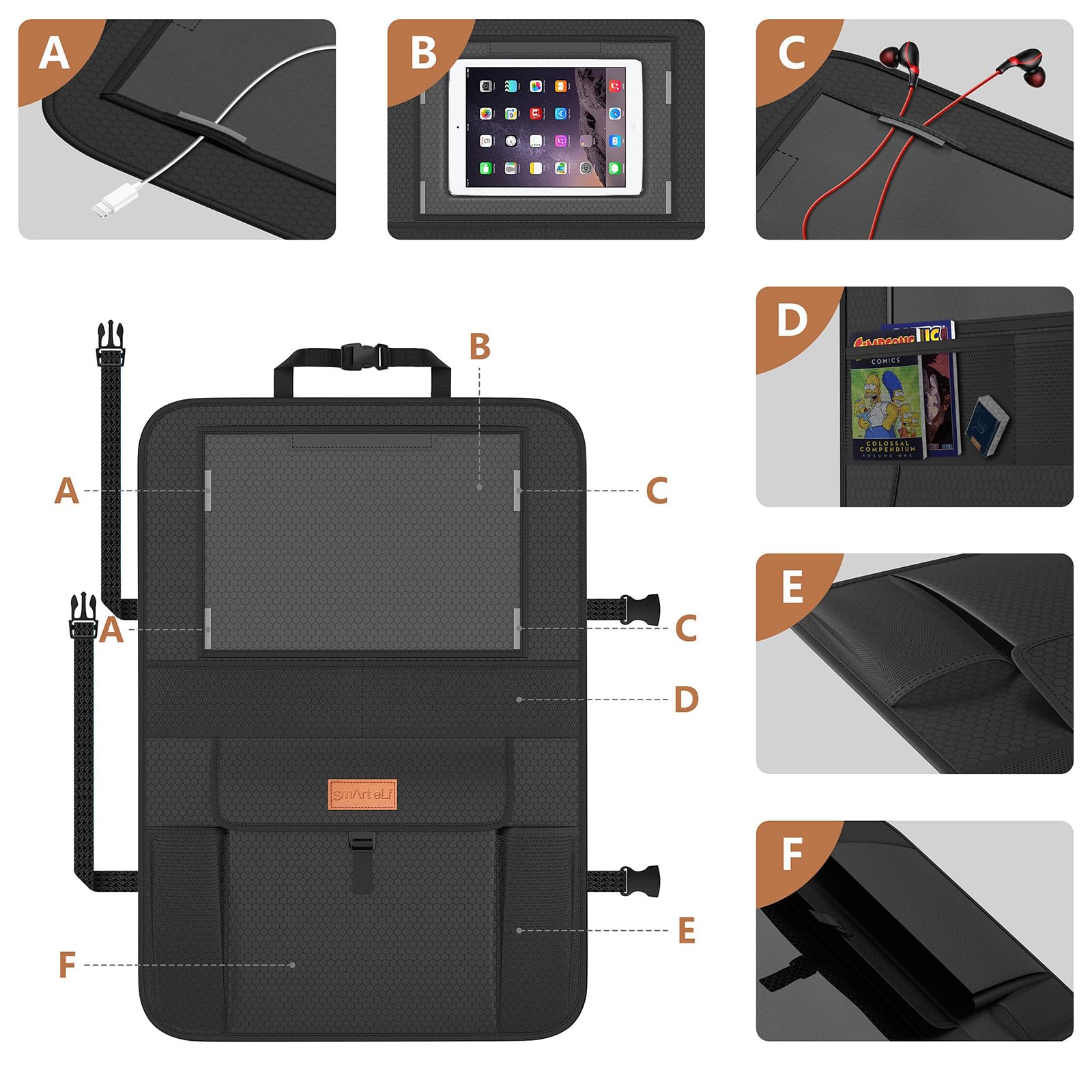 Non-Slip Backing Backseat Car Organizer Kick Mat with Storage Pockets, Large Waterproof Baby Car Seat Protector for Leather and Fabric (Black)