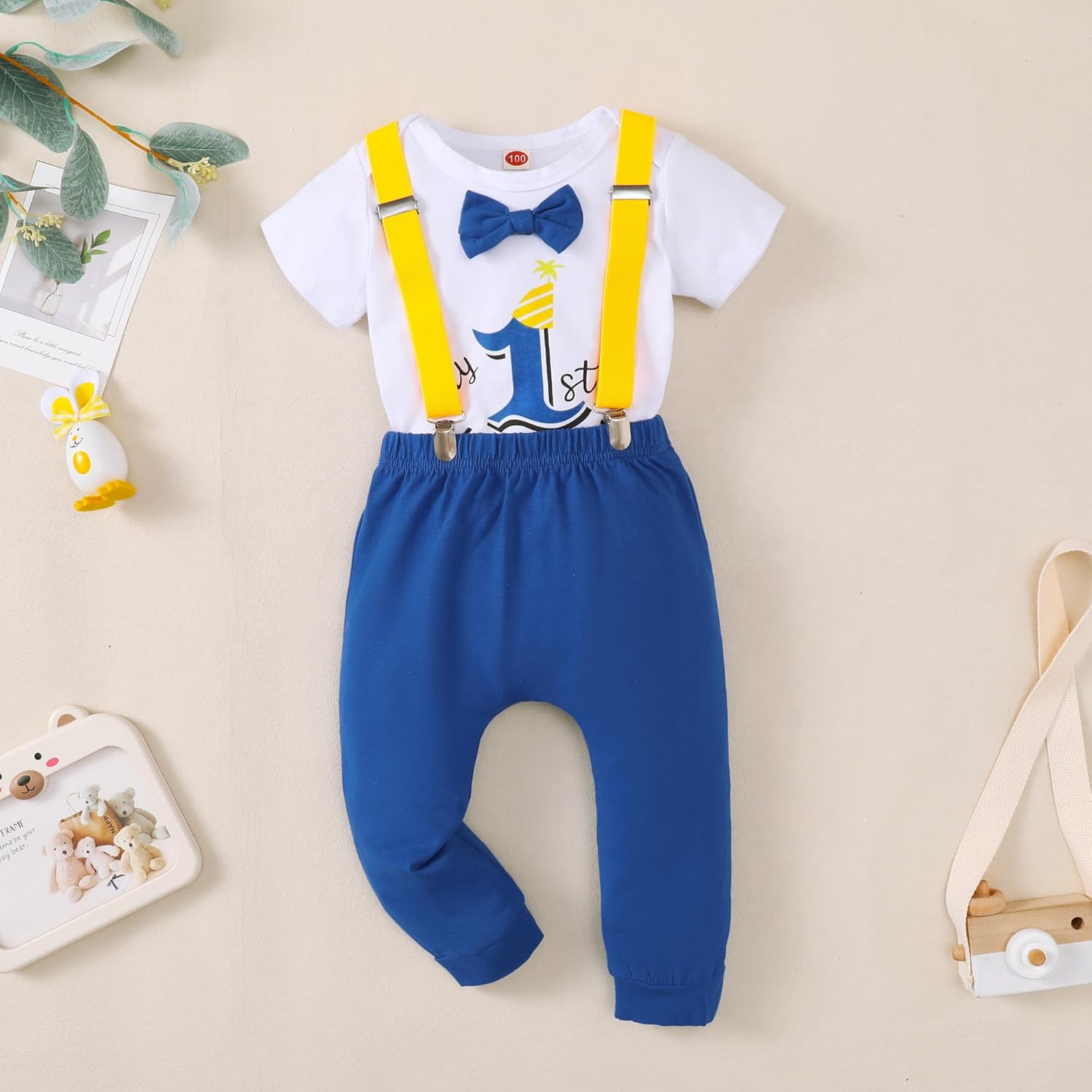 Baby Boy Funny First Birthday Clothes Infant Clothes Cake Smash Outfits Bow Tie Dinosaur Themed Romper Pants Set Suspenders - Image 2