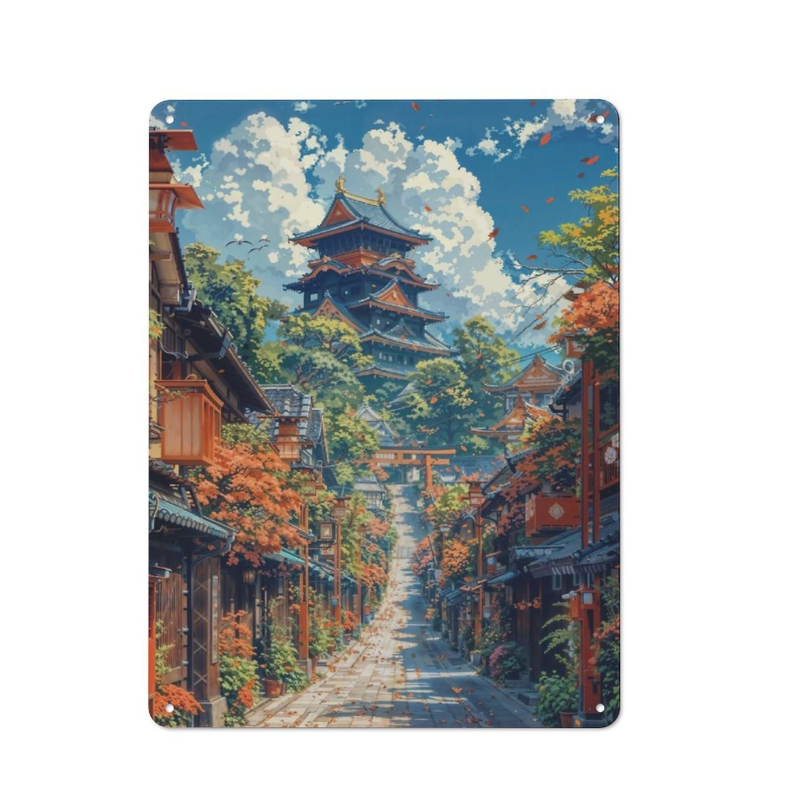 Junmoney Japanese Temple Pagoda Tin Wall Plaque 40X30cm With For Living Room Wall, Gift For Feature Wall Decorators During The Christmas Season