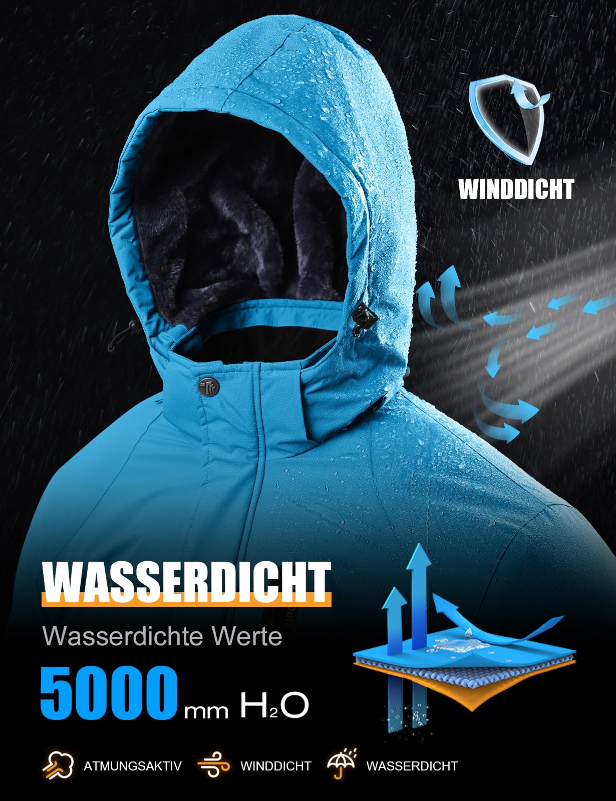 YSENTO Herren Winterjacke wasserdichte Warme Fleece Gefüttert Outdoor Softshelljacke Atmungsaktiv Skijacke Snowboardjacke mit Kapuze