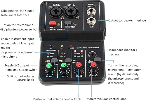 Mezclador de audio de 2 canales, tablero de sonido profesional USB de 48 V de potencia pequeña consola de mezcla de sonido DJ mezcla, para grabación