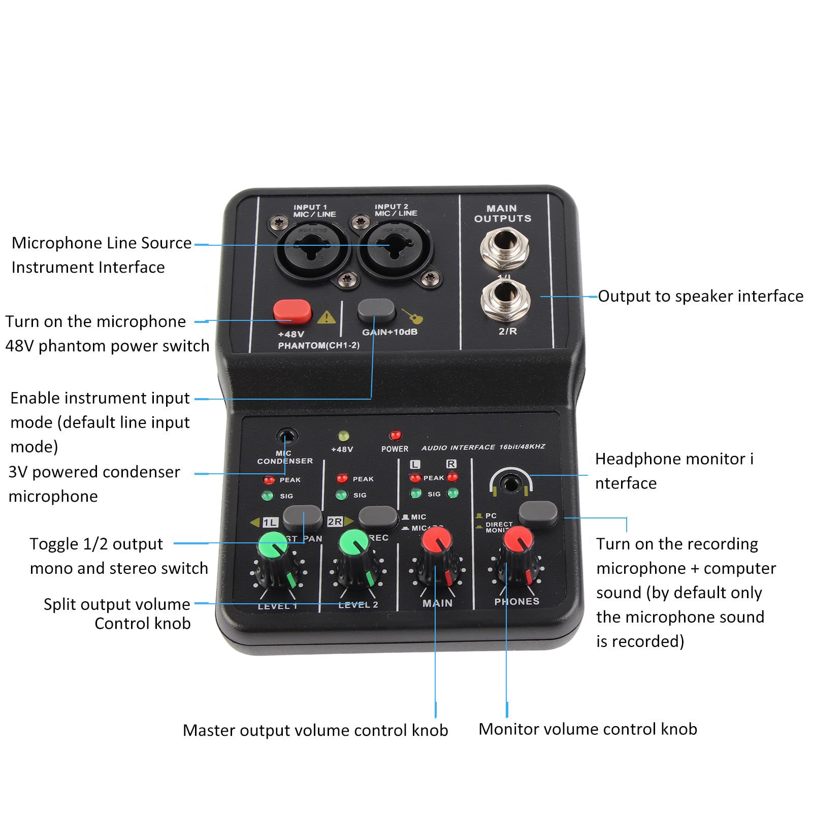 Mélangeur Audio 2 Canaux, Interface pour PC DJ Table de Mixage USB 48V Alimentation Fantôme Console Sonore Compacte Enregistrement Musique Accueil Internet Karaoké Studio Show