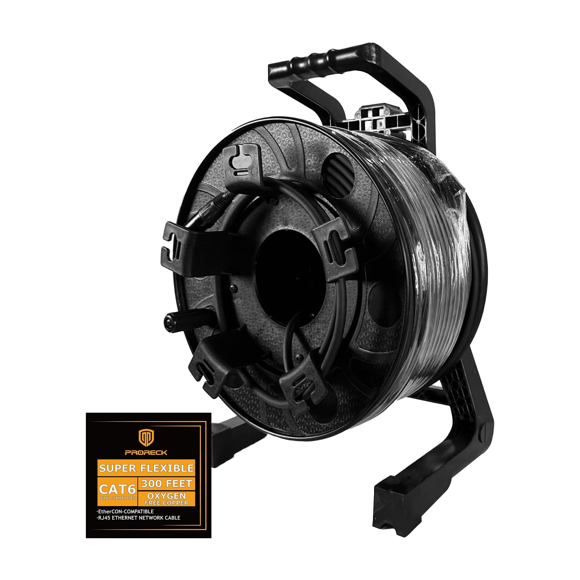 PRORECK SFTP CAT6 Dual Shielded Ethernet Cable with EtherCON RJ45 Connectors,300ft with Cable Reel, High-Speed, Ideal for Pro Sound Systems, Studio, and Live Performances (PR-C6B-300R)