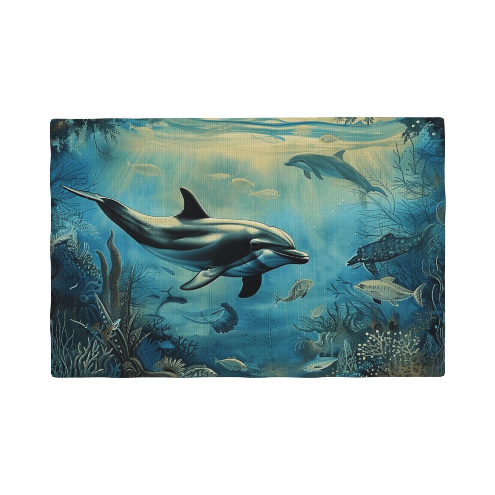 Sea Dolphin Print Placemats Set, Heat Resistant Washable Placemat 12x18in Table Mats for Party Kitchen Dining Table Decoration Indoor Outdoor, Six Piece