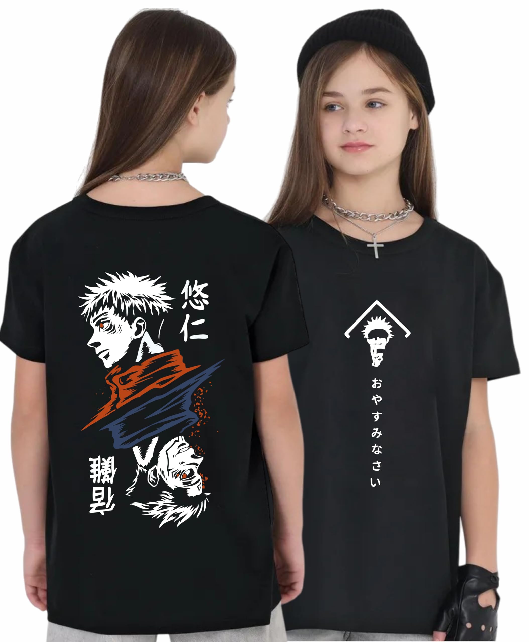 Uniplanet Store® Camiseta negra de mezcla de algodón con media manga, ajuste regular, estampado de anime Jujutsu, para niñas