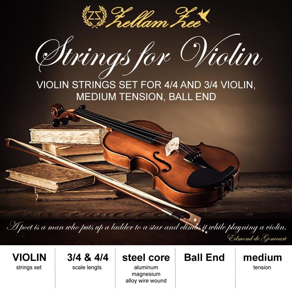 Violin Strings 3 4 and 4 4 Size, excellent choice for beginners, G-D-A-E, Ball End, Medium tension provided by ZellamZee