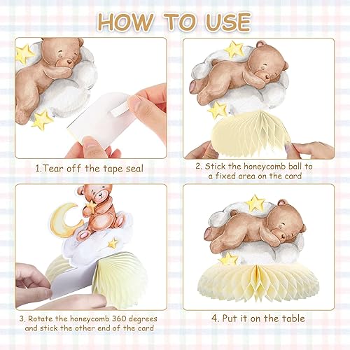 Miniatura 4 de 9 piezas de oso para baby shower, centro de mesa de nido de abeja con diseño de oso pequeño osito de peluche, decoración de mesa 3D para niños,