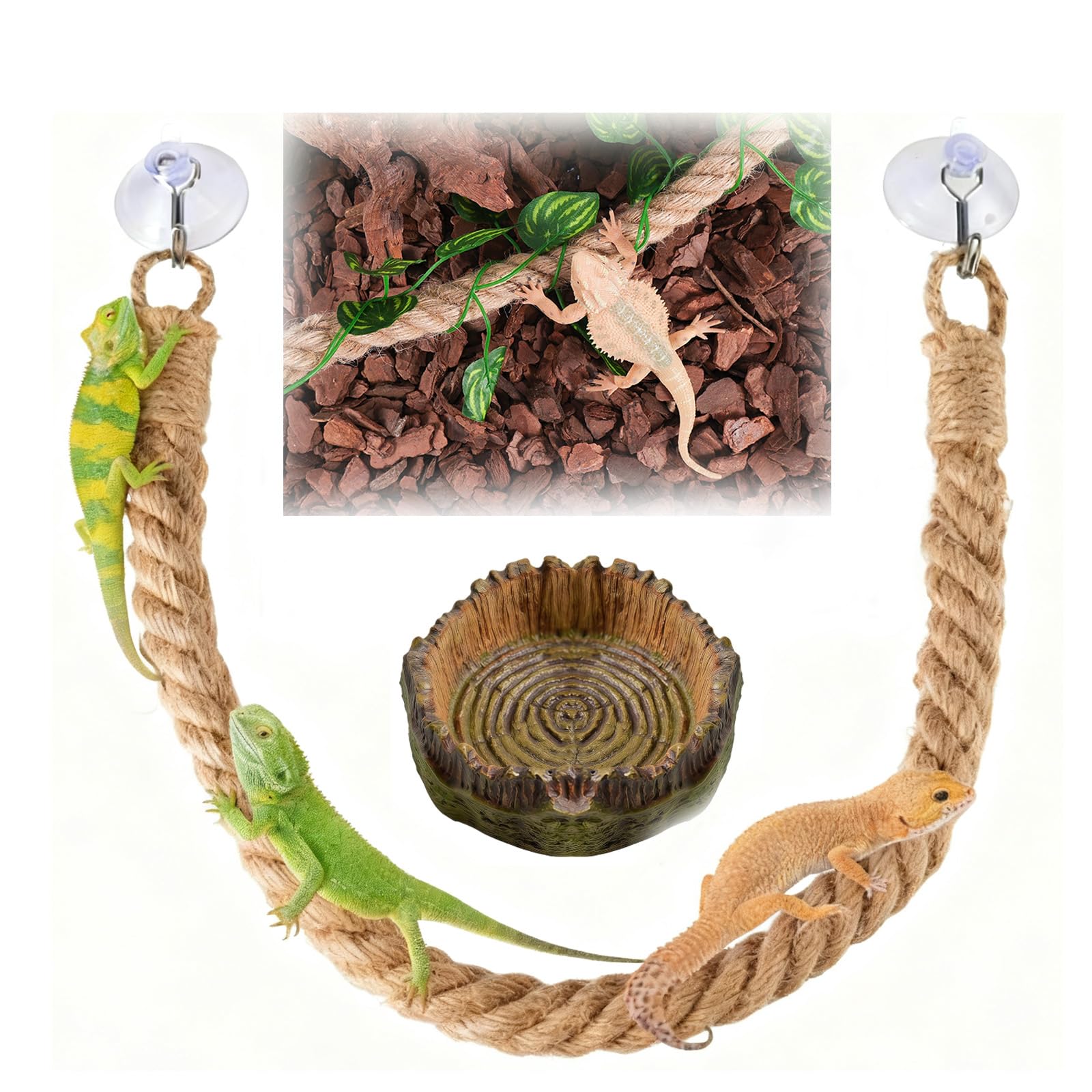 Reptile Water Bowl with Climbing Rope and Suction Cups, Bearded Dragon Accessories, Leopard Gecko Tank Accessories for Vivarium Lizards Snakes Hermit