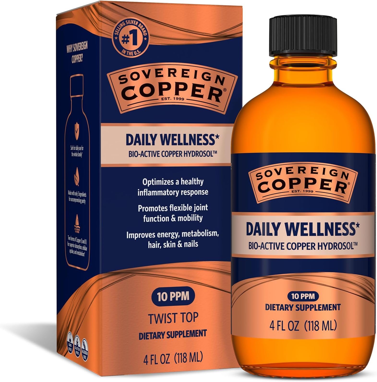 Sovereign Copper Bio-Active Copper Hydrosol, 4 fl oz (118 mL) | 99.999% Pure Copper I & II Hydrosol Supplement for Collagen, Joints, Bones, Hair, Skin & Nail Support, 10 ppm