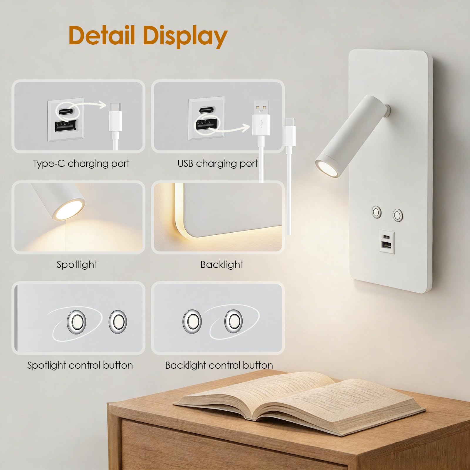 2 lampade da lettura a LED da parete lampada da lettura a intensità regolabile in continuo, lampada da parete con porta di ricarica USB e Type-C e interruttore per camera da letto, hotel(Bianco)