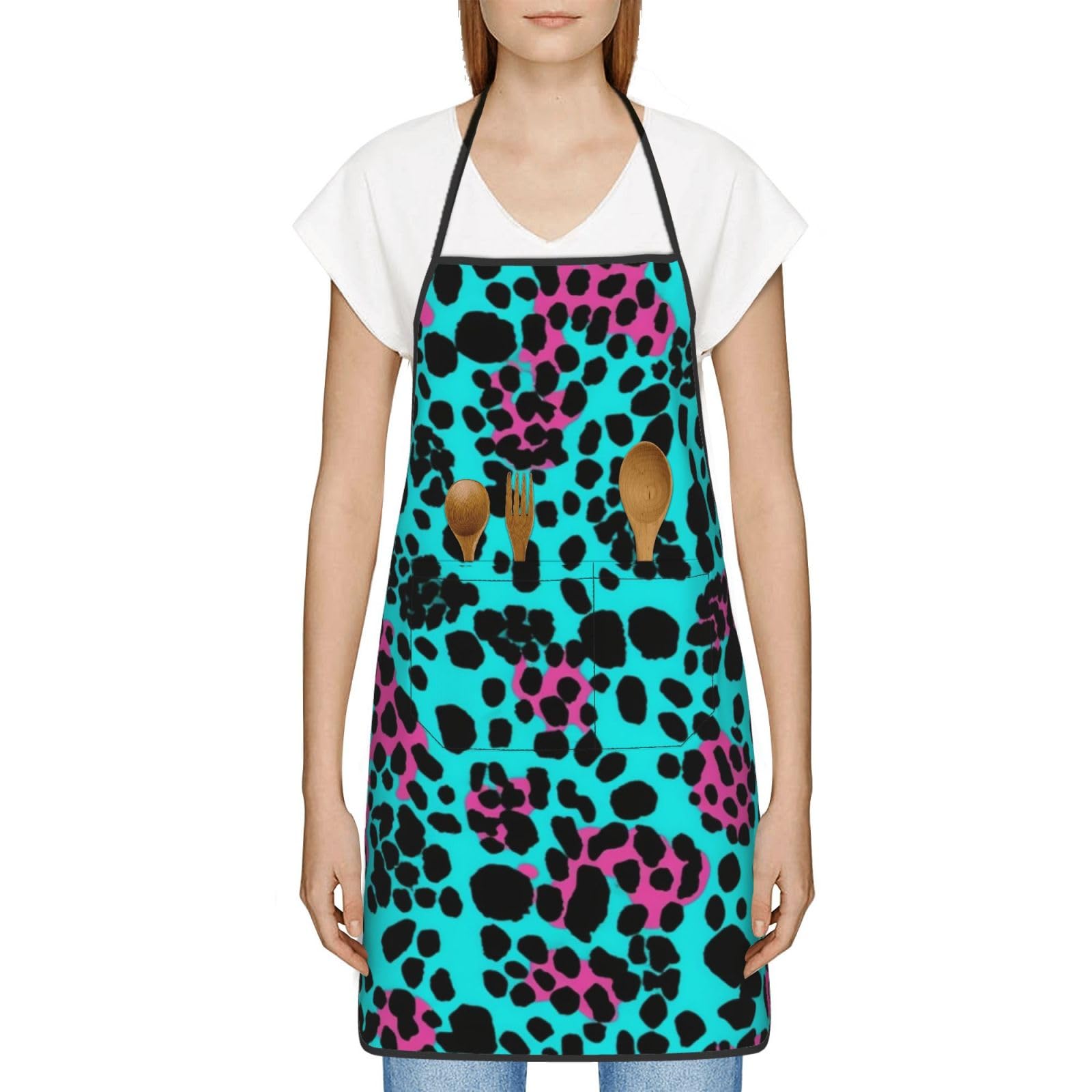 Tabliers turquoise léopard mignons pour femmes et hommes, imperméables et ajustables, avec 2 poches, doux et résistants, parfaits pour la cuisine, la pâtisserie, la peinture, le jardinage et le soin d