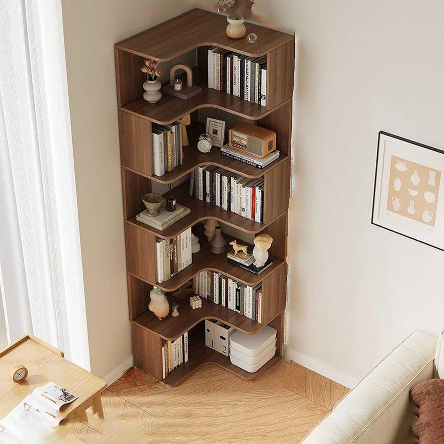 Amazon｜無垢材の垂直コーナー本棚、リビングルーム収納用の6層フロア