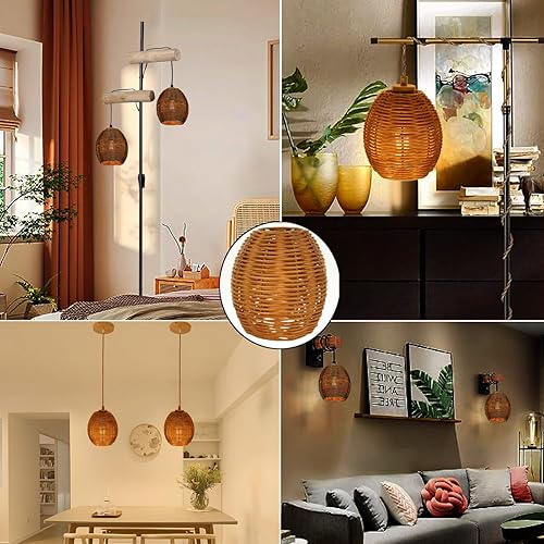 Miniatura 6 de Pantalla de repuesto de ratán tejido pequeño, pantalla de lámpara colgante de mimbre tejido rústico, juego de 4 para lámpara colgante, apliques de