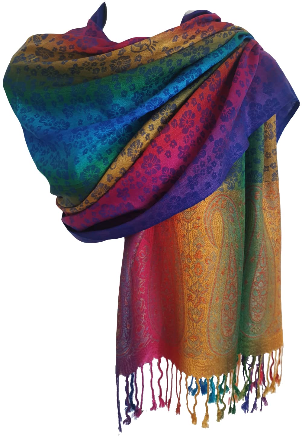Glamlondon Women's Rainbow-Colourful-Pata02 Rainbow Multi-Colour Pashmina Colourful Paisley/Roses/Patches/Peacock Feather Soft Shawl (Rainbow-Colourful-Pata02)