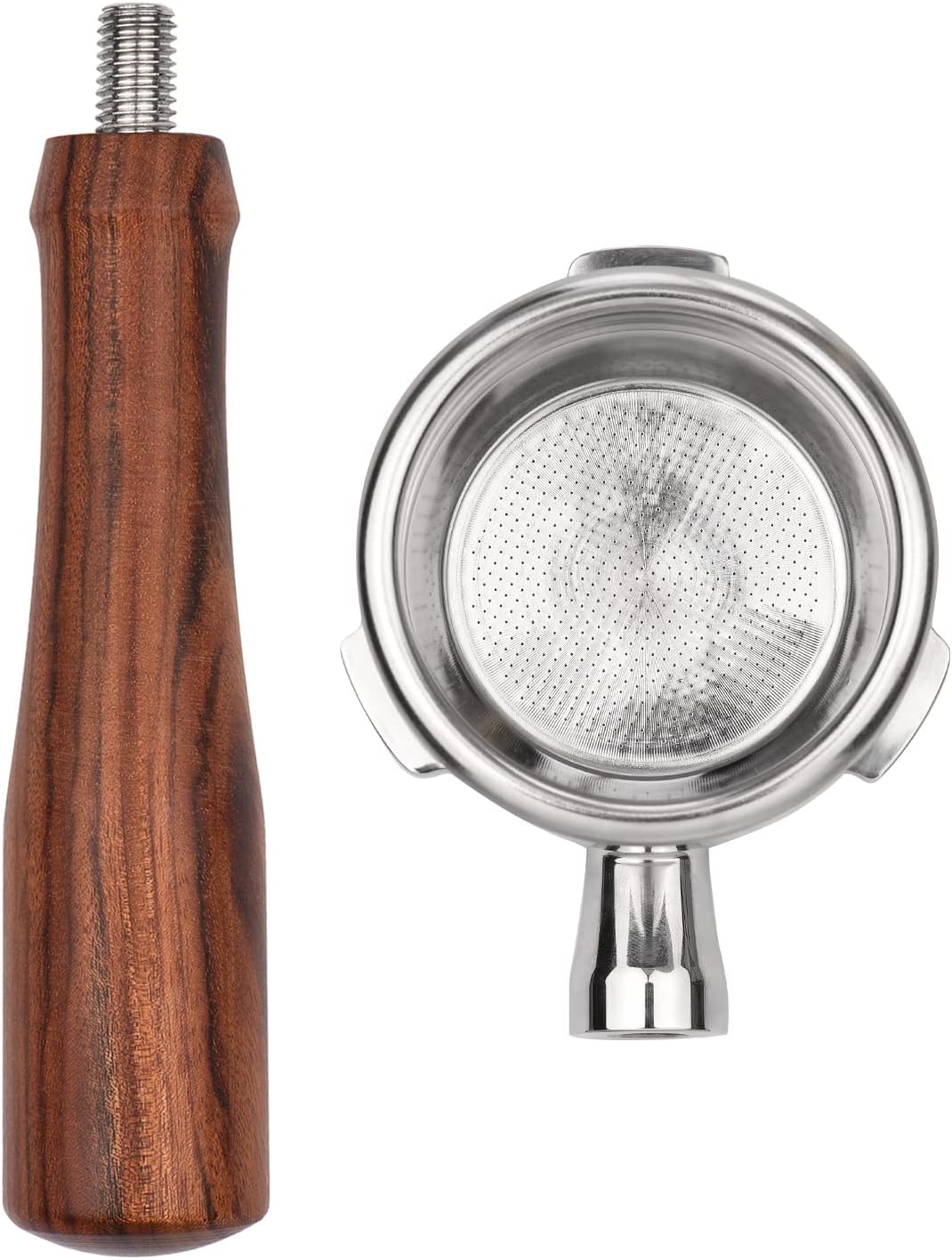 Bottomless portafilter,58mm 3 Ears Stainless Steel Bottomless Naked Portafilter Wooden Coffee Handle Cup Filter Basket Replacement for Barsetto BA101 BA102 Calphalon Temp IQ