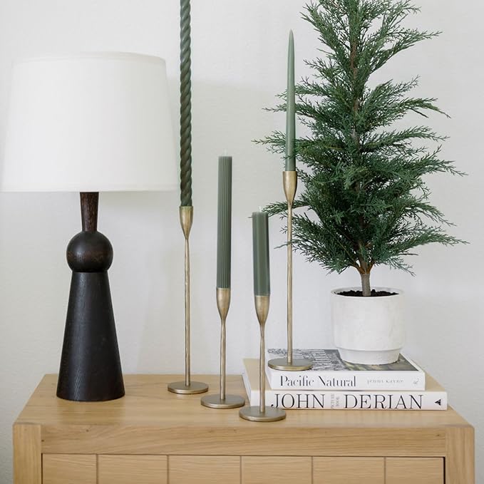 CG Hunter Candle Holder, Handcrafted Antique Brass Candlesticks Set-of-3 Taper Candlestick Holders, Taper Candle Holders for Candlesticks, Display in Entryway, Mantle, or Dining Room, Forged Iron Look