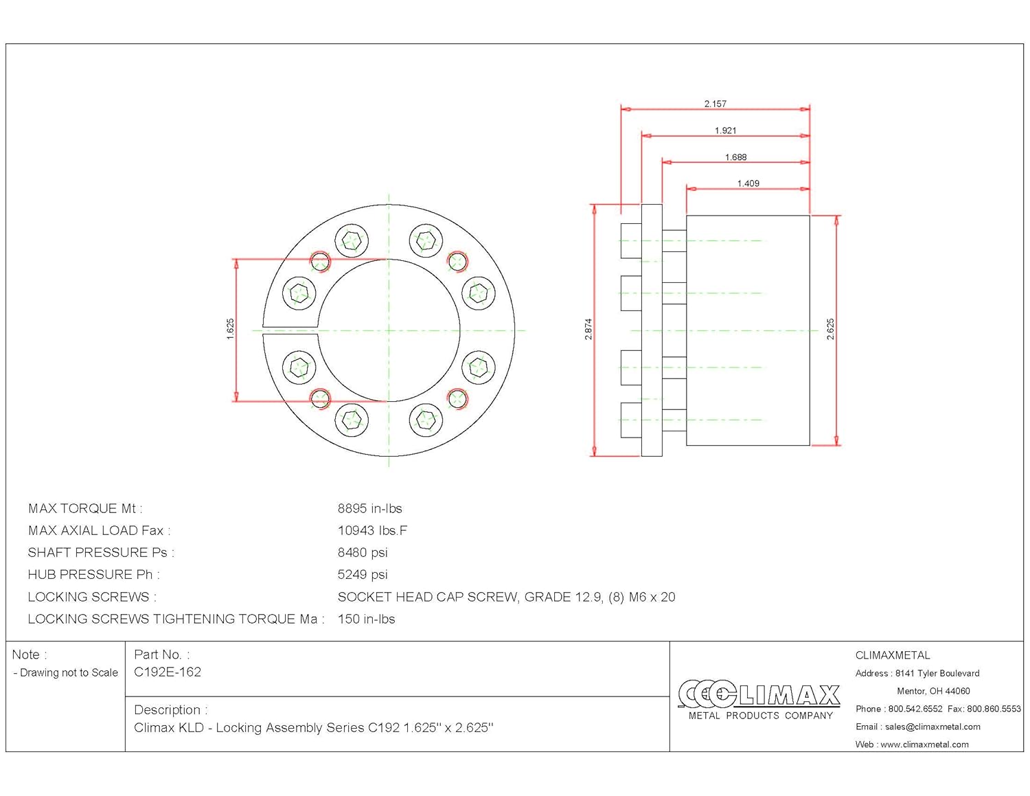 C192E-162 Series 192 Locking Assembly, Steel, Zinc Plated, 1.63" ID, 2.19" Width, 1-5/8" Shaft Diameter
