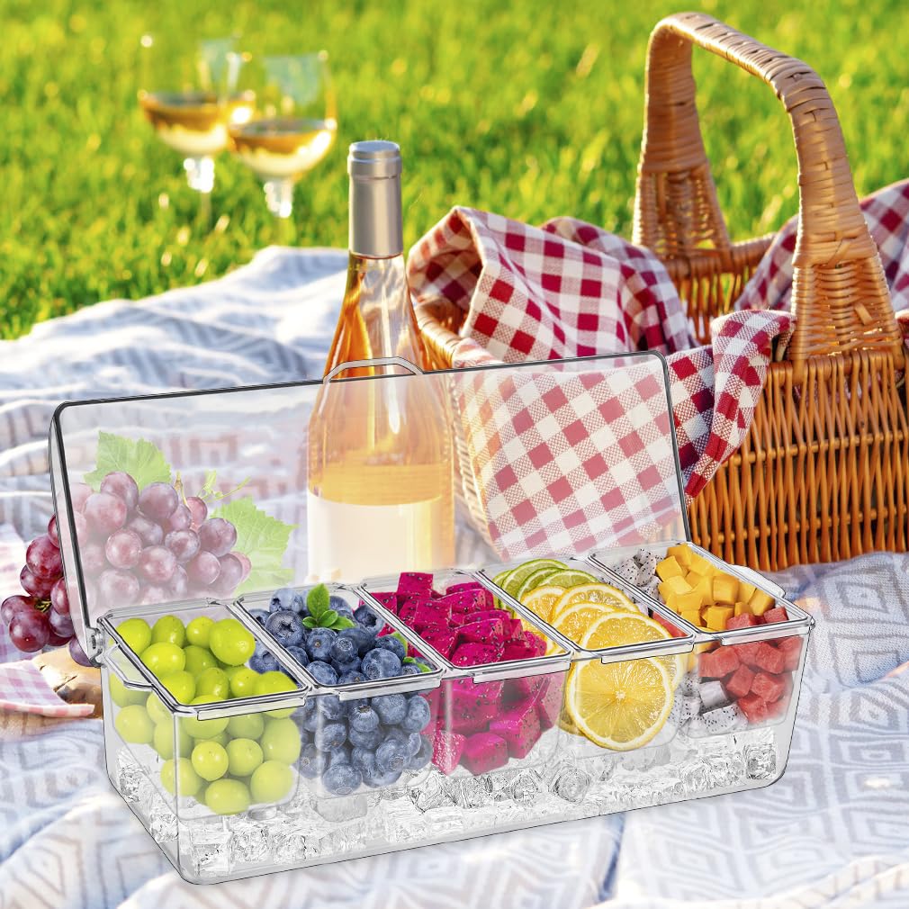 Gewürzschale Abnehmbarer Zutatenbehälter mit Deckel, Gekühlten Zutatenbehälter, 5 Fächer 12,7 x 6 x 7,1 cm, Eisgekühlter Gewürz Servierbehälte für Snacks Obst Toppings inkl.