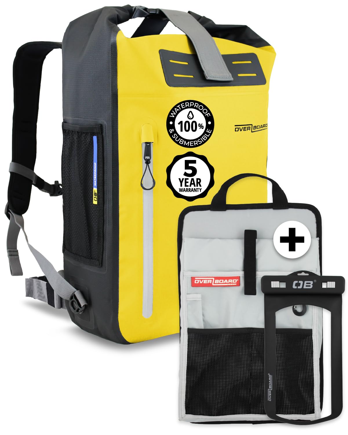 OverboardYellow Waterproof Backpack 30L Bundle | Roll Top Floating Dry Bag for Kayaking, Beach, Boating, Hiking, Fishing, Rafting | Includes Waterproof Phone Case and Backpack Organizer