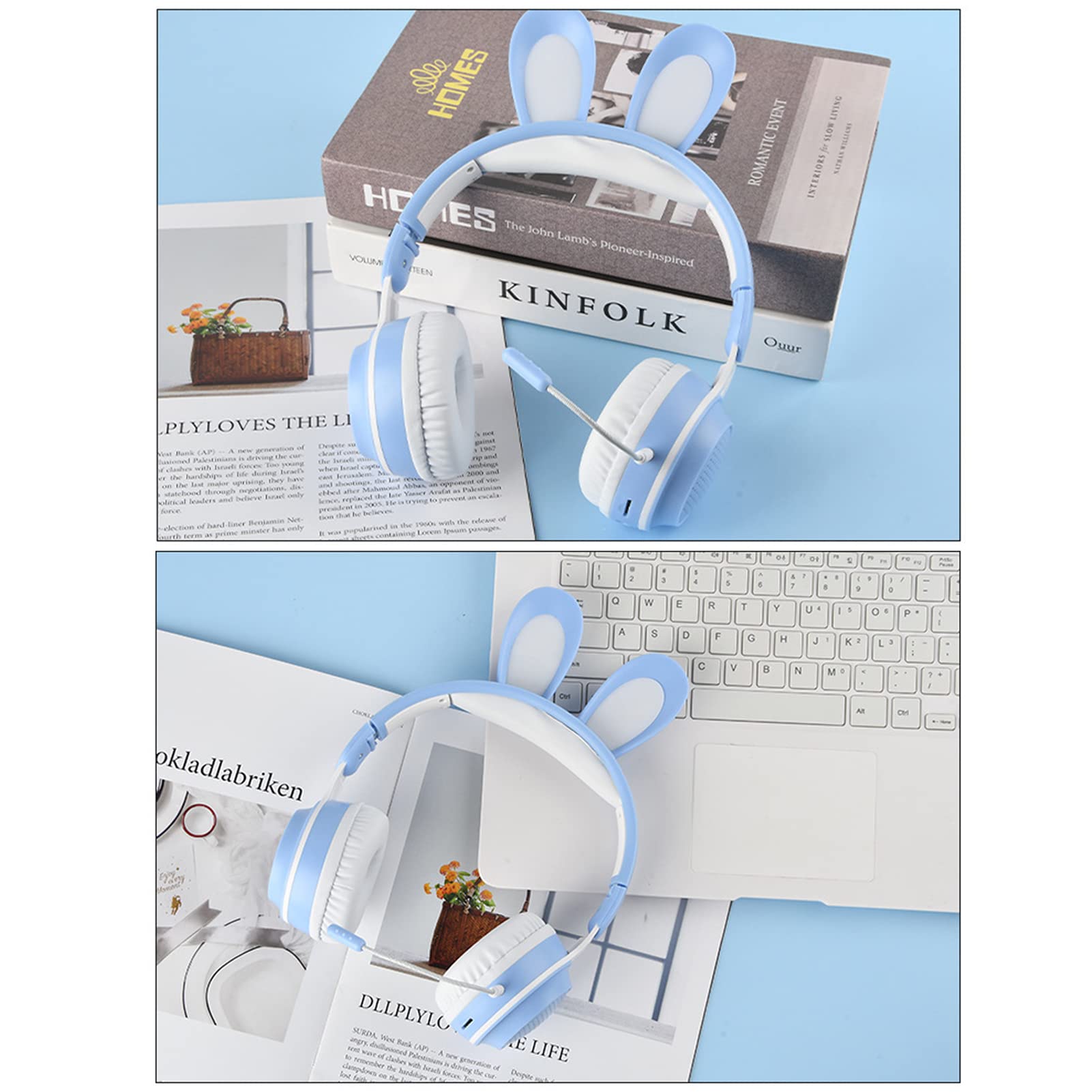 Auriculares para Niños, Auriculares Bluetooth 5.0 con Oreja de Conejo, Auriculares Inalámbricos Plegables con Luz LED sobre la Oreja, Soporte TF/AUX, Regalos para Niños, Niños Pequeños,(Azul)