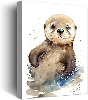 C8BUSIS Otter Canvas Wall Art Watercolor Animal Pictures Cute Otter Wall Decor Painting Splash-ink Poster Print for Bedroom Living Room Kitchen Bathroom Nursery Office Decoration (12x16inch, Framed)