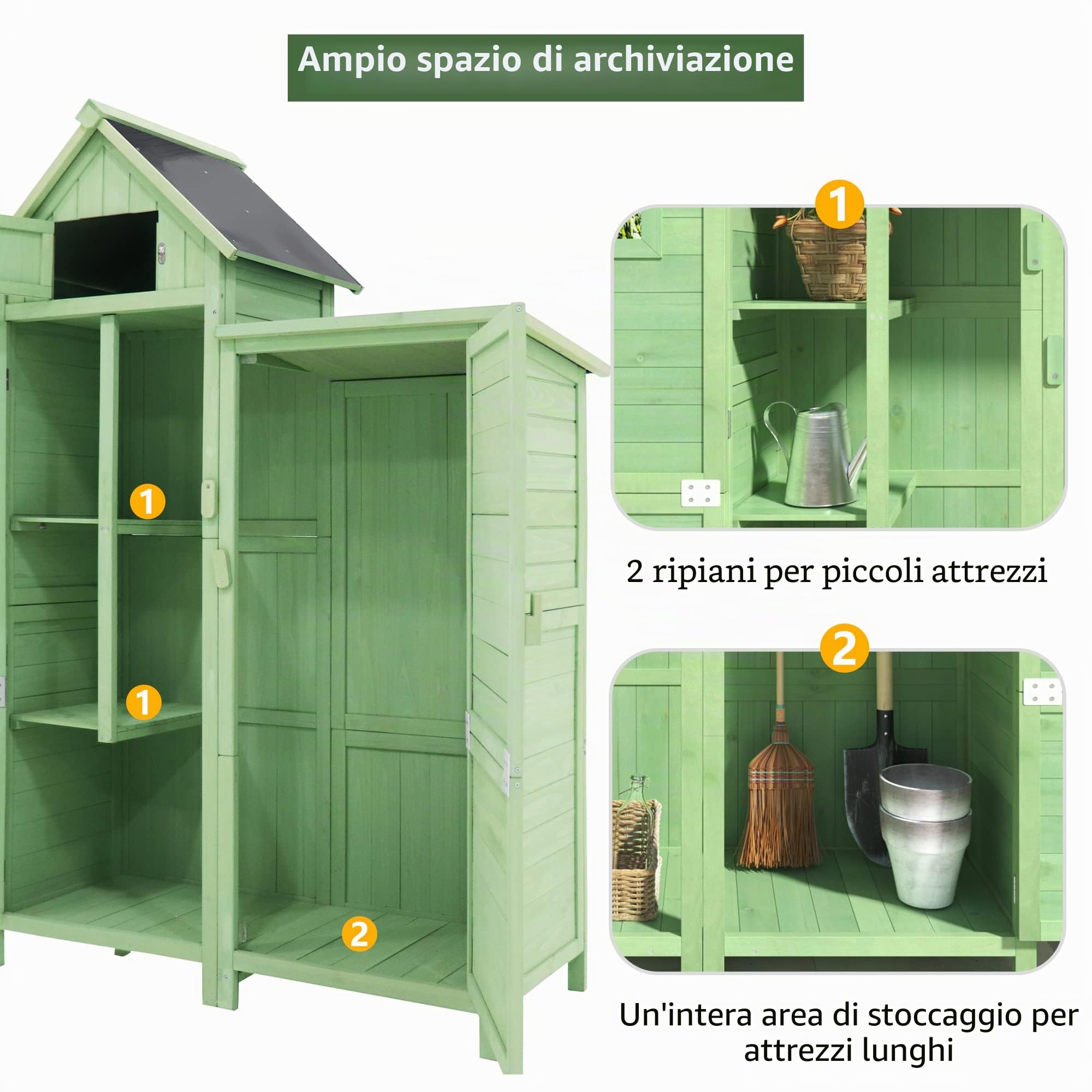 Casetta per attrezzi da giardino, resistente alle intemperie, in legno, per esterni, in PVC, 118 x 54 x 173 cm (larghezza x profondità x altezza), verde